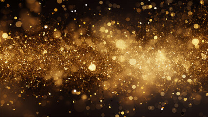 Fototapeta na wymiar Abstract glow shiny golden glitter sparkle bubbles champagne particles stars on black background. 