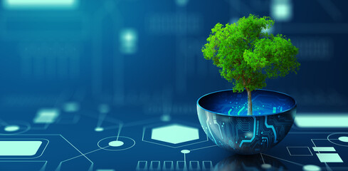 Tree growing on digital plant pot. Eco Technology and Technology Convergence. Green Computing,...