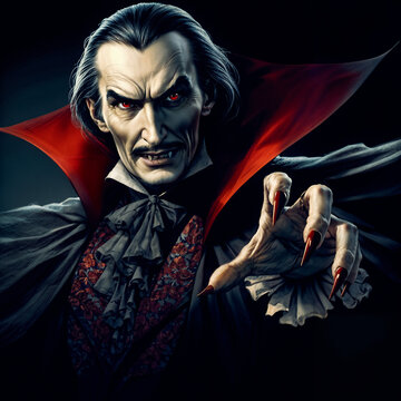 A dramatic portrayal of Dracula, the prince of darkness, with piercing red eyes and an imposing presence. Perfect for Halloween themes, horror literature, and gothic art