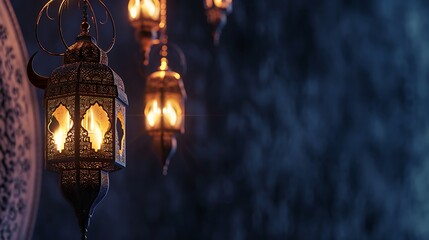 Hanging Ornamental Arabic lantern glowing in night invitation for Muslim holy month Ramadan Kareem