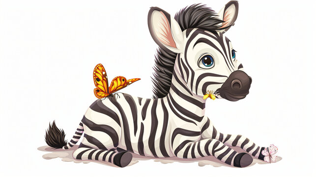 Baby zebra drawing playing with butterfly cartoon.