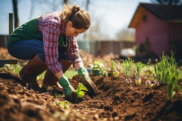 A young happy Caucasian woman works in the garden in the spring, planting flowers in flower beds. The work of eco-activists on landscaping. Environment.