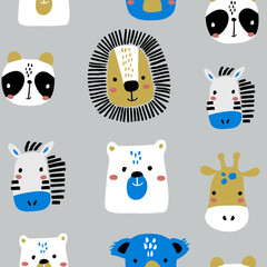 Seamless childish pattern cartoon with bear, deer, horse. Perfect for fabric,textile. Creative Vector background