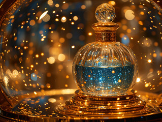 A perfume bottle is placed in the center of the image, surrounded by a blue and gold star bokeh effect.