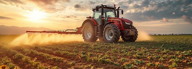 cultivating tractor sprinkling a field,