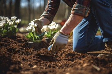 Fototapeta premium A young man works in the garden in the spring, planting flowers in flower beds. The work of eco-activists on landscaping. Environment.