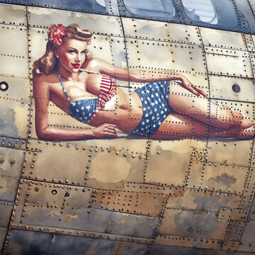 Water colour Illustration of vintage World War 2 Bomber Nose Art of a pinup girl wearing a bikini painted on the side of a military aircraft