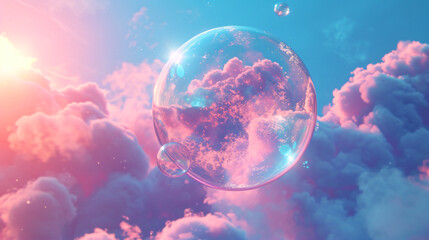 A soap bubble floats among puffy clouds, reflecting the sky's blue and pink hues.