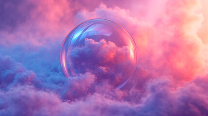 A soap bubble floats among puffy clouds, reflecting the sky's blue and pink hues. - obrazy, fototapety, plakaty