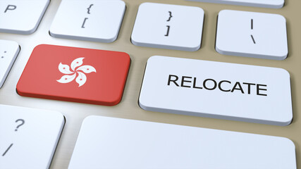 Hong Kong Relocation Business Concept. 3D Illustration. Country Flag with Text Relocate on Button