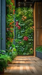 inside views of vertical gardens or offices with plants and animals