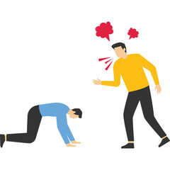 Big boss businessman yelling at a dejected, underperforming employee and filled with rage and frustration.

