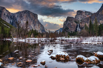 Winter Sun Setting on the Valley View Point, Yosemite National Park, California