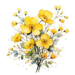 Zelfklevend Fotobehang cute tiny yellow flowers, watercolor painting Texture de fleurs naturel on transparent background PNG © FIAZ
