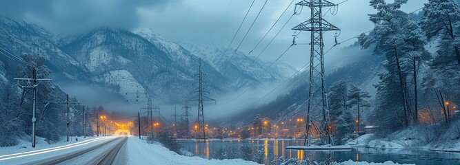 snow-covered mountains in the white winter landscape with high-voltage towers - Powered by Adobe