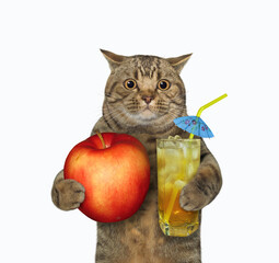 Cat holding red apple and juice - 726994712