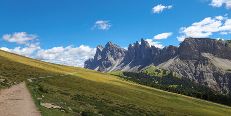 Le Odle seen during trail to Malga Brogles, Dolomites, Trentino Alto-Adige, Sudtirol, Soth Tyrol,...