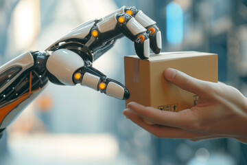 Automated Robotic Arm Handing Over a Package to Human Hand. generative AI