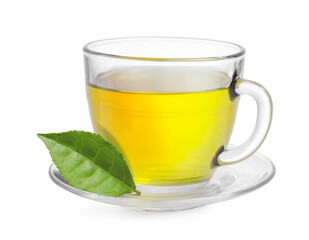 Green tea in glass cup and leaf isolated on white
