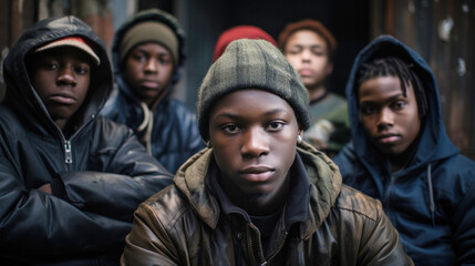 Emotionless young black boys group with hoodies on the city streets. Concept of socioeconomic inequality and racial discrimination. - obrazy, fototapety, plakaty