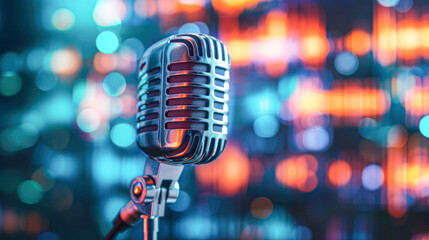 Fototapeta na wymiar Classic microphone with vibrant bokeh lights, highlighting entertainment and performance ambiance.