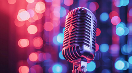 Fototapeta na wymiar Classic microphone with vibrant bokeh lights, highlighting entertainment and performance ambiance.
