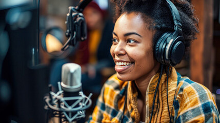 Cheerful young female with headphones recording vocals in a professional studio setting, exuding artistic passion and joy. - obrazy, fototapety, plakaty
