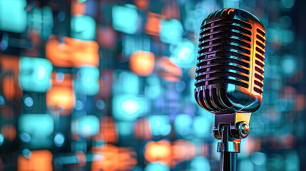 Classic microphone with vibrant bokeh lights, highlighting entertainment and performance ambiance.