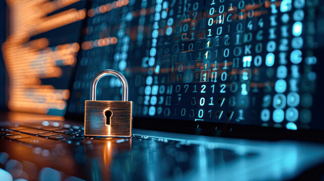 A modern laptop screen showing a glowing padlock amidst digital binary code, representing strong cybersecurity measures and data protection.