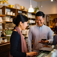 lifestyle photo Asian American Small business retailer interacting with customer.
