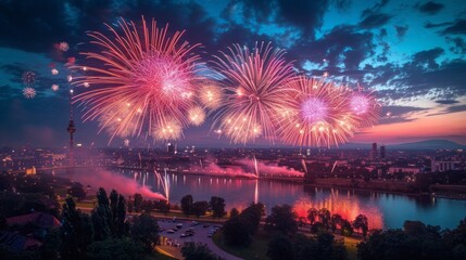 Fototapeta premium Fireworks in the Olympiapark at the Festival Sommernachtstraum in Munich 