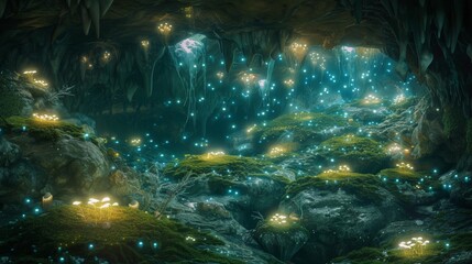 Obraz premium Luminous Cave with Moss and Light. Bioluminescent lights and moss in a mystical cave setting.