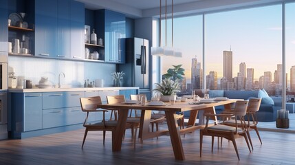 Classical blue home kitchen interior with dinner table and wood chairs, cooking cabinet and eating zone with tulle and panoramic window on skyscrapers. 3D rendering