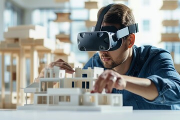 Architect Examining Virtual Models in VR. Male architect using VR to examine virtual architectural models.