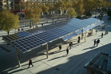Solar-Powered Urban Walkway. Shaded urban plaza with integrated solar panels and trees.