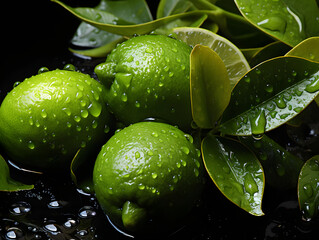 black image of limes with water drops