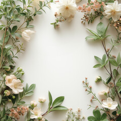 Elegant composition featuring white flowers with vibrant green leaves set against a white backdrop