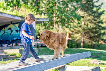 cute boy playing with his dog Golden Retriever outdoors - 726996115