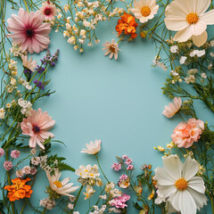 Colorful flowers with green leaves frame against a vibrant turquoise  backdrop, summer theme