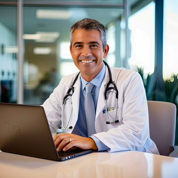 lifestyle photo Hispanic American Doctor in modern office.
