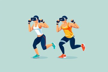 Fototapeta na wymiar Dynamic VR Running Workout Illustration. Two athletes in a virtual reality running exercise.