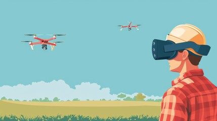 Farmer Using Drone Technology in Field. A farmer in plaid shirt and hardhat uses VR to control drones.
