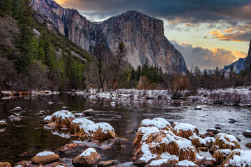 Winter Sun Setting on the Valley View Point, Yosemite National Park, California