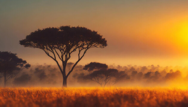 Mglisty poranek na sawannie, tapeta, dekoracja. Generative AI