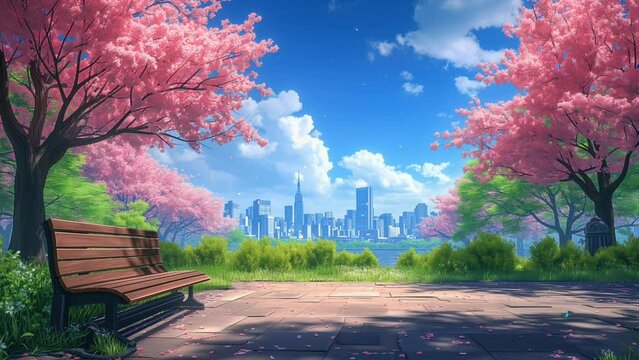 Beautiful city park scenery during spring, fantasy spring landscape. seamless looping 4k time-lapse animation video background
