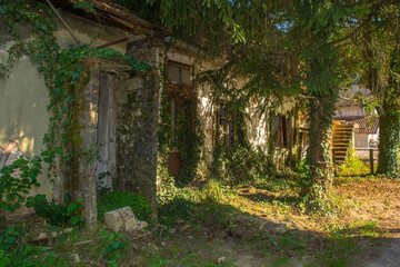Derelict houses on the edge of Kulen Vakuf Village in the Una National Park. Una-Sana Canton, Federation of Bosnia and Herzegovina. Early September
