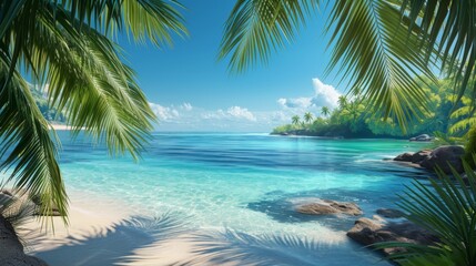 Tropical Beach Paradise Realism. A hyperrealistic tropical beach paradise with crystal clear waters and lush palms.