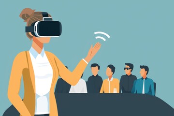 Corporate Trainer with VR in Boardroom. Corporate trainer using VR headset to lead a modern interactive session.