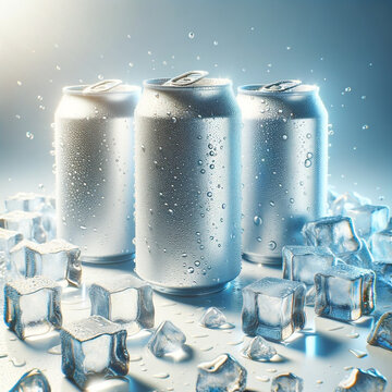 Silver drinks cans on white background with water drops and ice 5