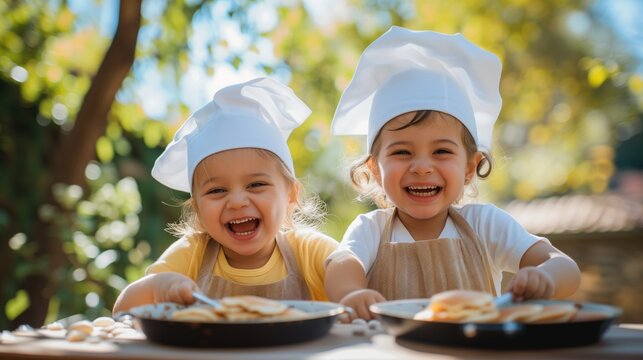 Cheerful toddlers wearing aprons and shef's hat cooking pancakes outdoors smiling at camera with toothy smile on sunny summer day